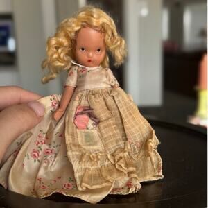 Vintage Bisque or Porcelain Doll with Floral Dress – 1940s